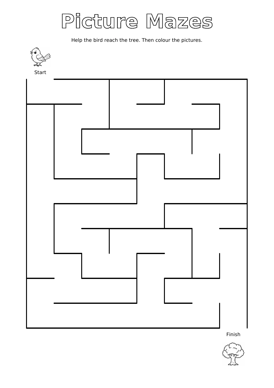 Bird & Tree: a black and white maze with an unmarked path, a start picture and a finish picture to colour