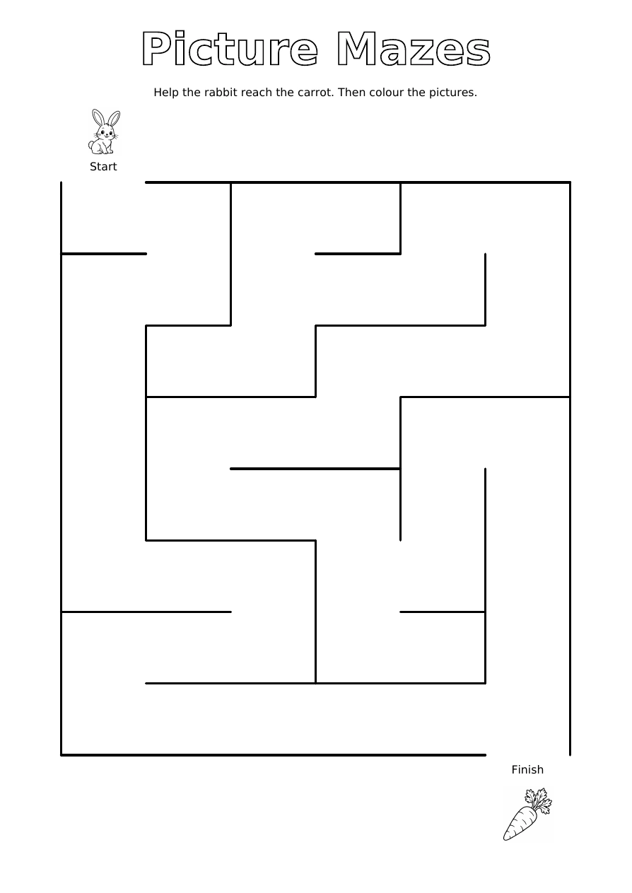 Rabbit & Carrot: a black and white maze with an unmarked path, a start picture and a finish picture to colour