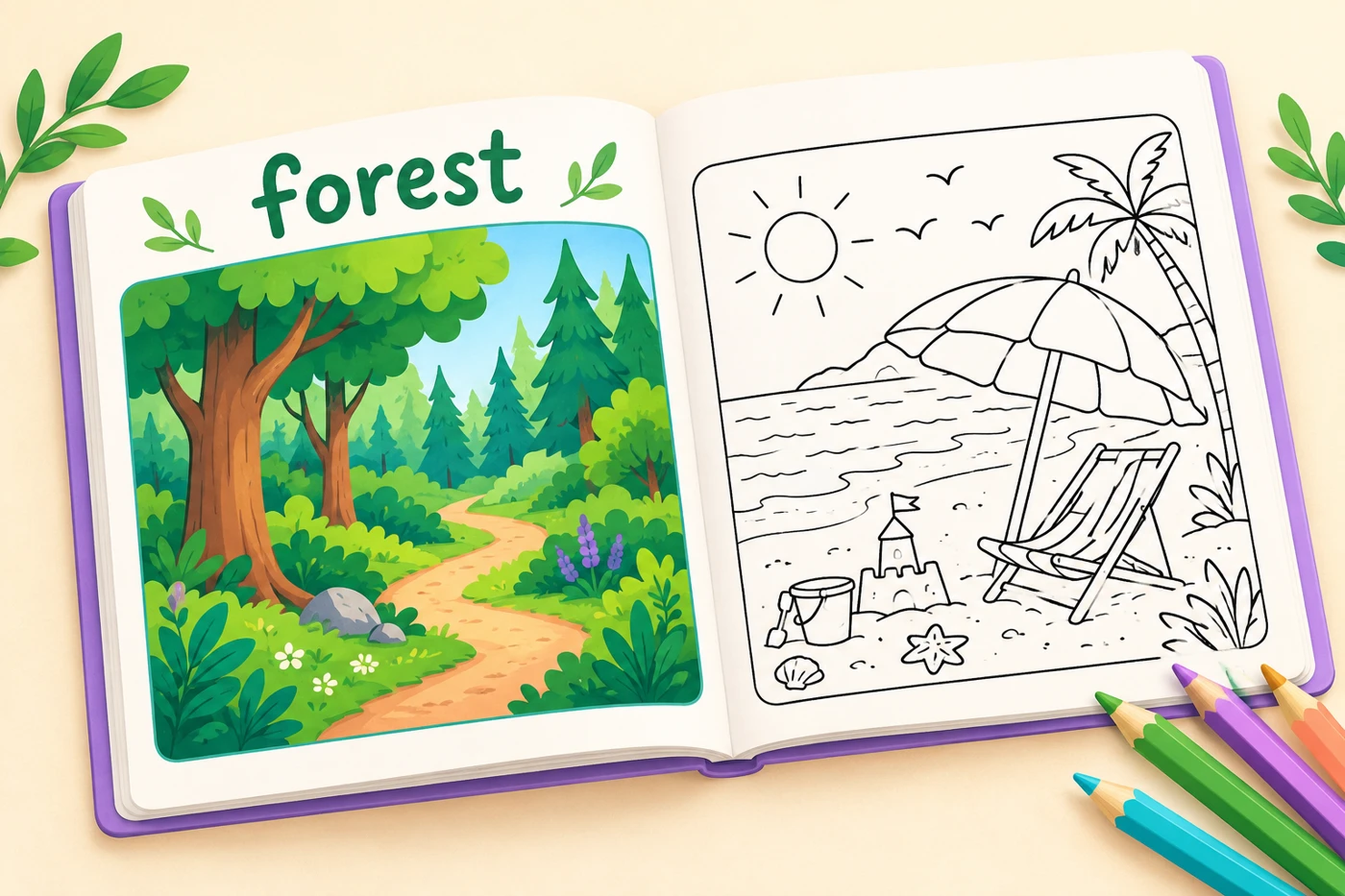 A forest word activity with a colourful woodland and an uncoloured beach