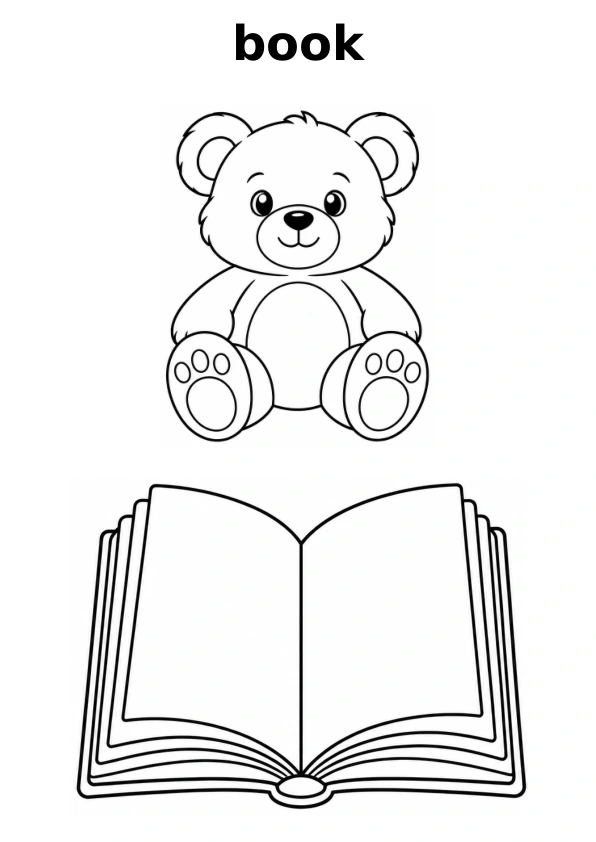 Read the word book and choose between two pictures to colour