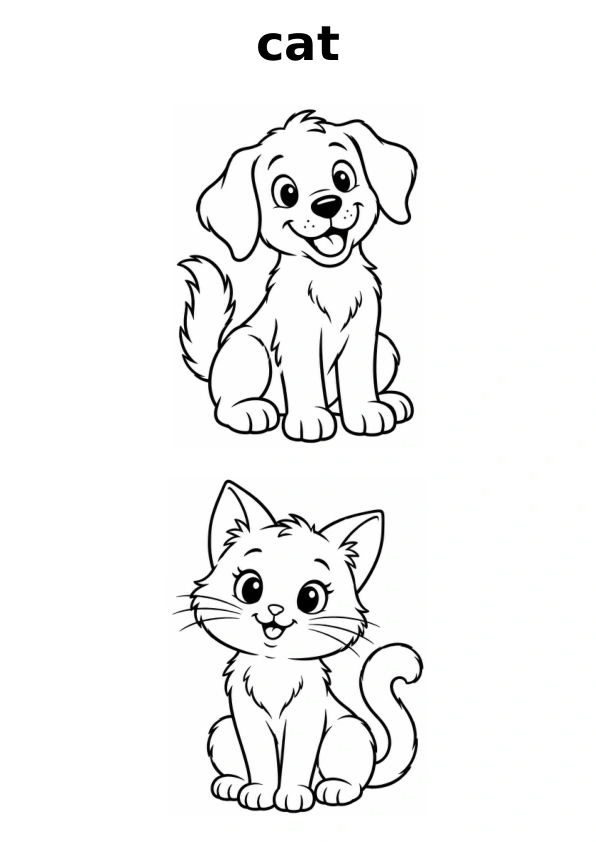 Read the word cat and choose between two pictures to colour