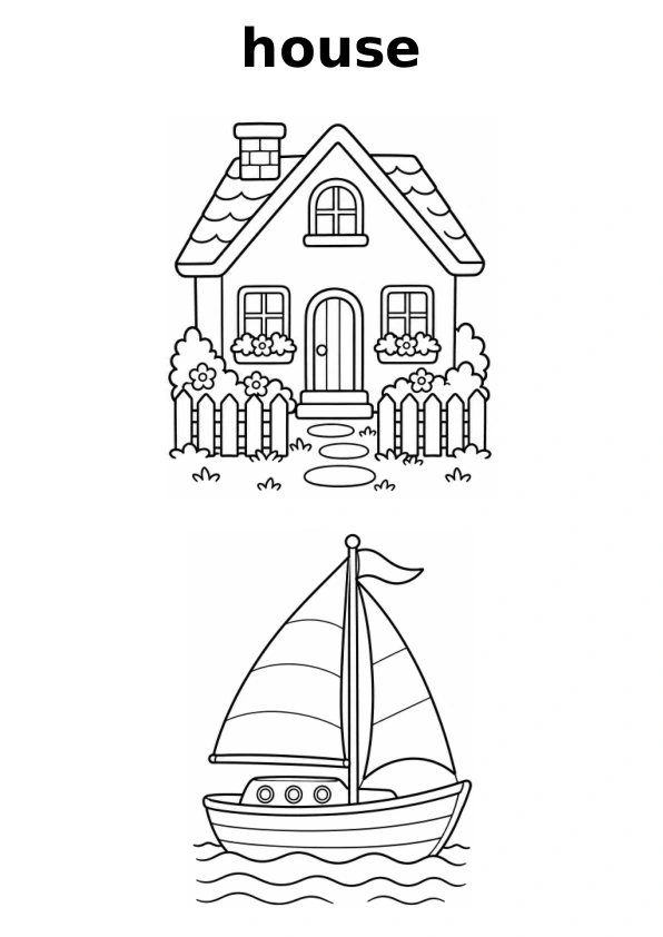 Read the word house and choose between two pictures to colour