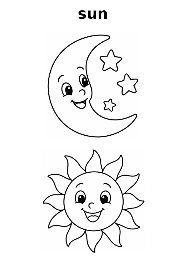 Read the word sun and choose between two pictures to colour