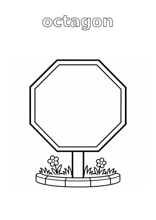 Outlined word octagon; road sign with simple surrounding details, all ready to colour