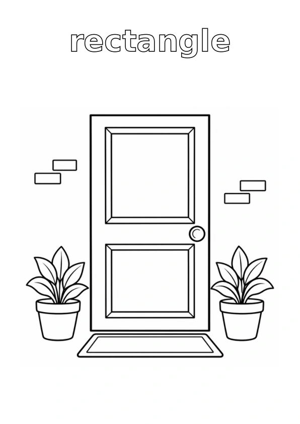Outlined word rectangle; door with simple surrounding details, all ready to colour