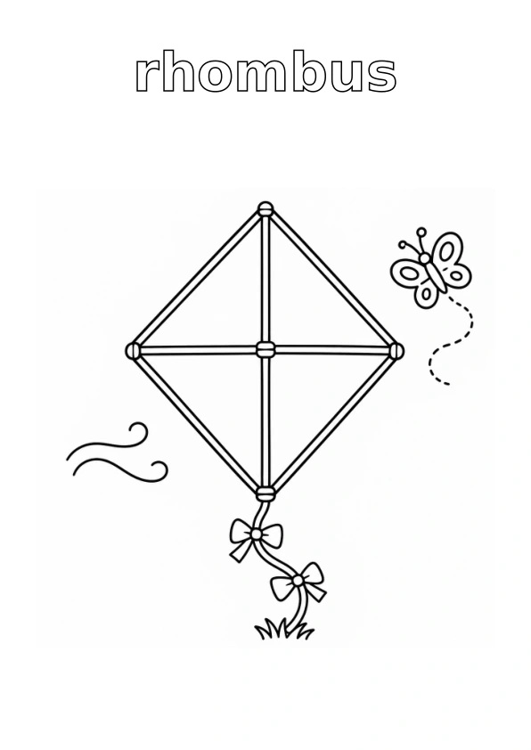 Outlined word rhombus; kite with simple surrounding details, all ready to colour