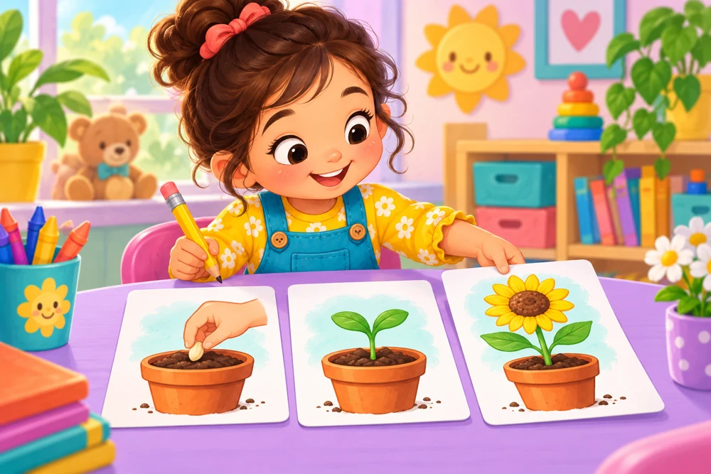 A child arranging picture cards showing a seed, a seedling and a sunflower